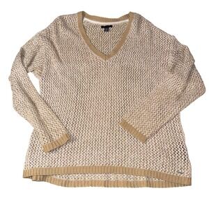 Tommy Hilfiger V-Neck Sweater XXL Tan White Open Knit Crochet Mesh Pullover